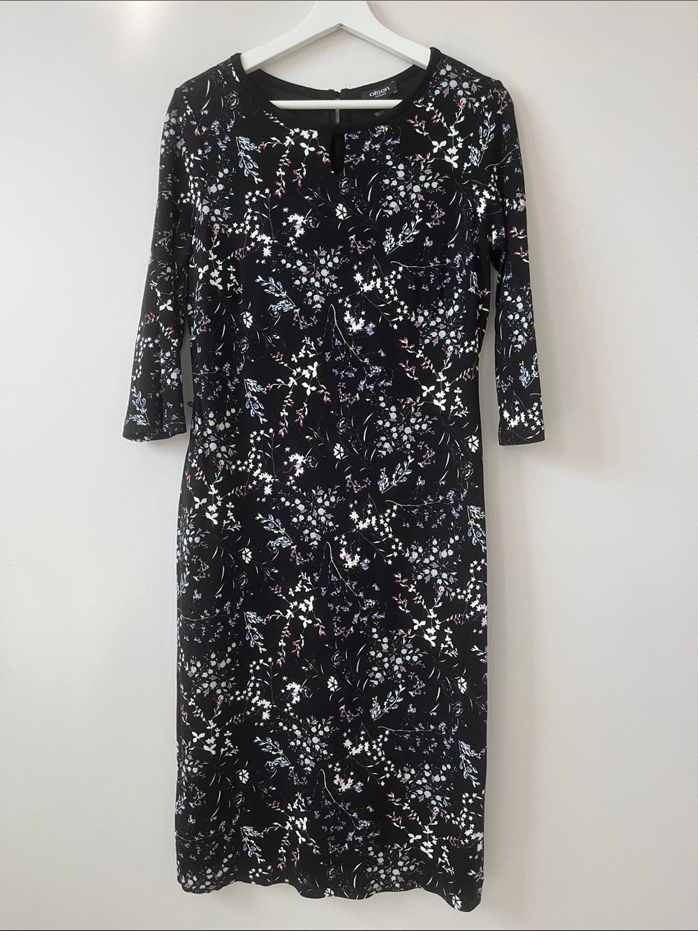 Olsen Europe Women's Black Floral Midi Dress with 3/4 Sleeves